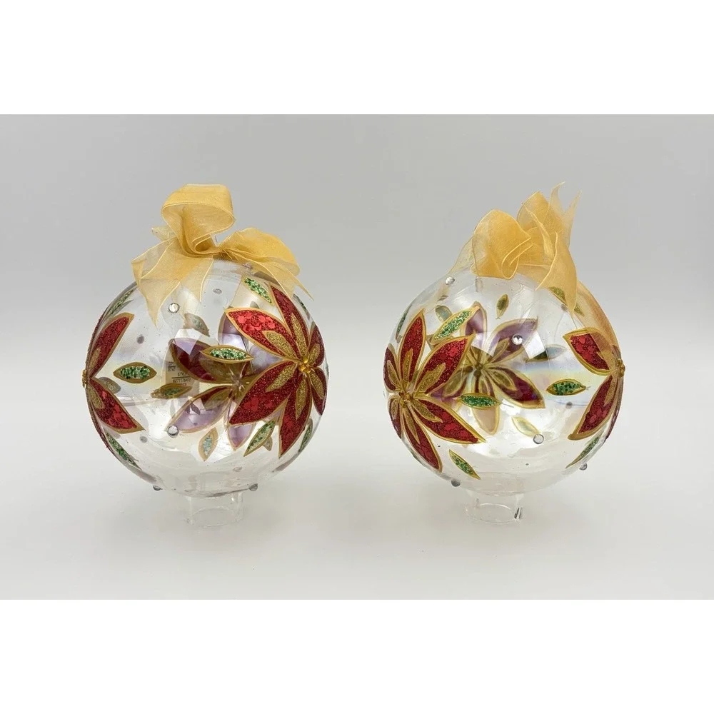 VTG Dillards Trimmings Blown Glass Christmas Ornaments Set 2 Red Poinsettia Gold